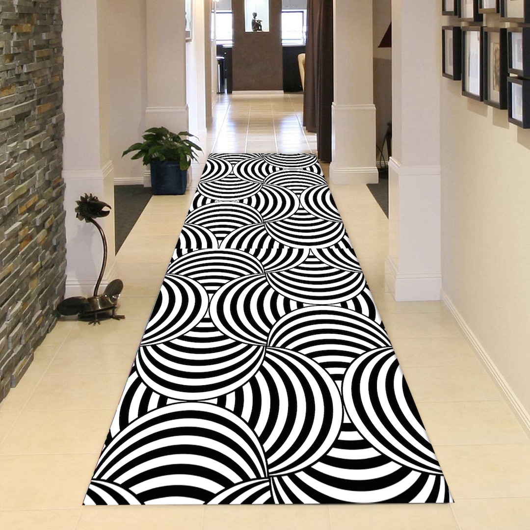 Optical Illusion Rug, Black White Rug, Runner Rug, Hallway Rug, Vortex