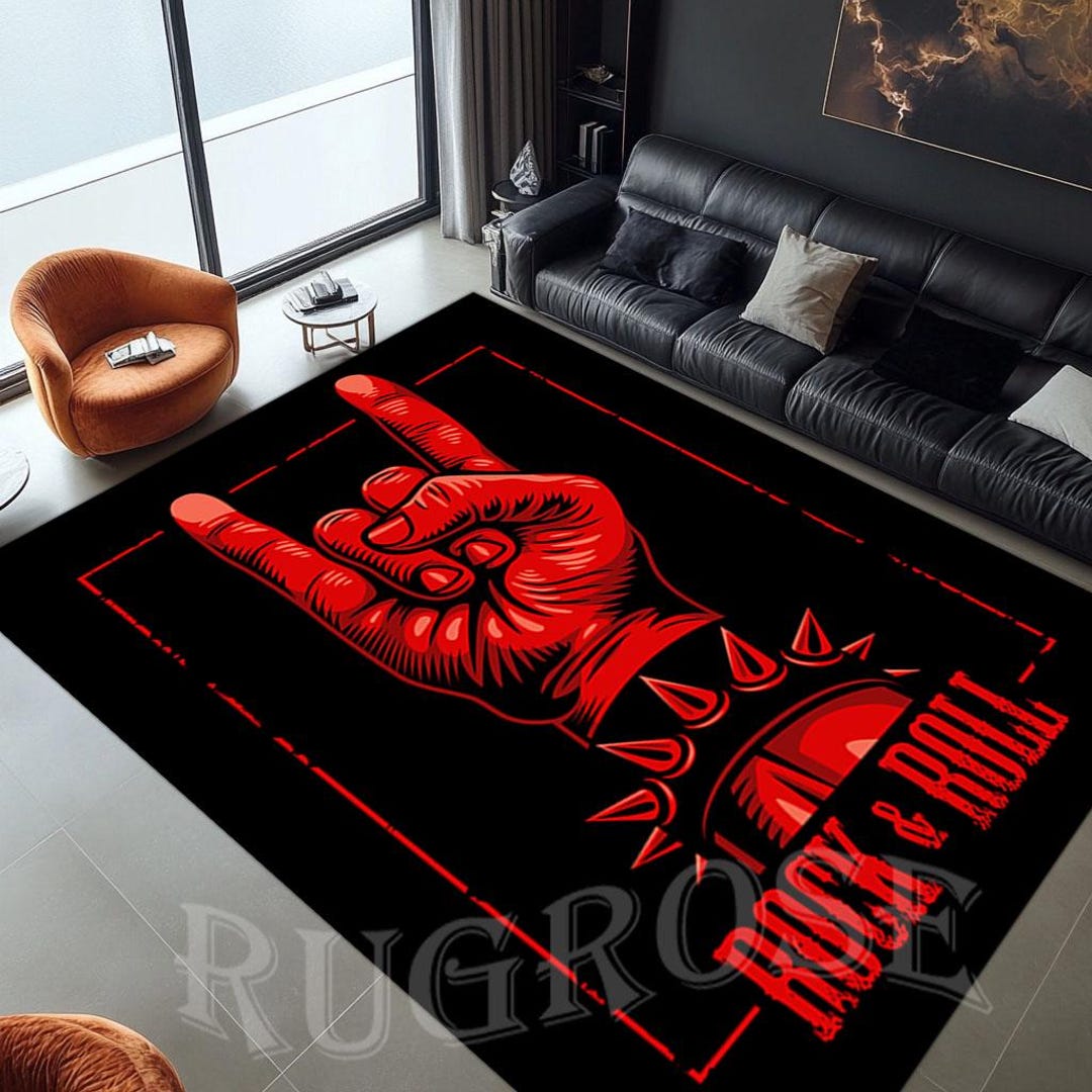 Rock and Roll Sign Rug, Guitar Rug, Rock Music Lovers Rug, Rock N Roll ...