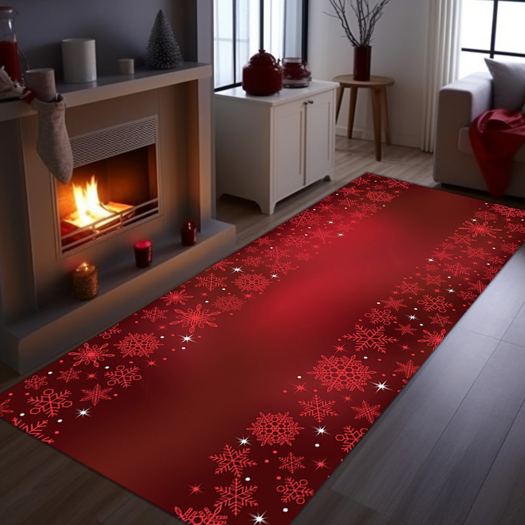 Snowflake Rug, Red Snowflake Rug, Christmas Runner Rug, Snowflake