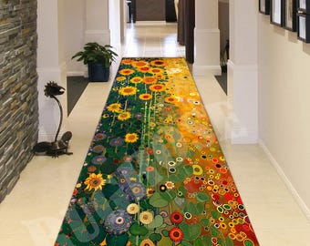 Gustav Klimt Sunflower Rug, Modern Floral Hallway Runner