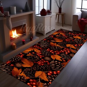 May include: A rectangular rug with a design of pine cones, orange leaves, and red berries set against a black backdrop. The rug is positioned in front of a fireplace, creating a cosy atmosphere. The text "Rug Rose" is visible on the rug.