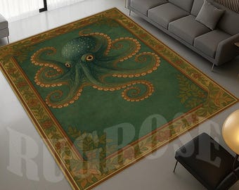 Oktopus-Teppich, rustikales Ozeandekor, rutschfeste Baumwollbasis