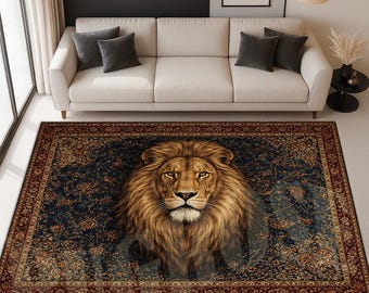 Lion Area Rug, Traditional Animal Rug, Rustic Living Room Decor