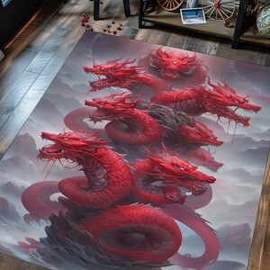 May include: A red rug with a design of five red dragons with their heads facing different directions. The dragons are on a gray background with clouds and mountains.