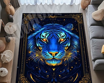 Blauw tijgertapijt, traditioneel dierenpatroon, modern woonkamerdecor