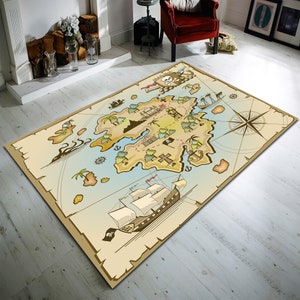 Nautische Karte, Piratenteppich, Schatzinsel, Ozeankarte, Schatzkarte, Meer, Abenteuerkarte, Totenkopf, Geschenkteppich, Kinderteppich
