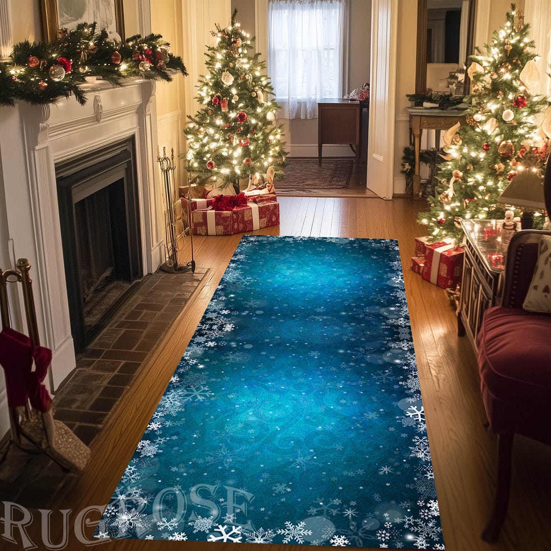 Round Blue Snowflake Rug Blue Snowflake Rug, Hallway Rug,blue Christmas Rug, Christmas ...