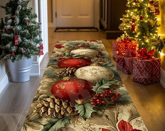 Op de afbeelding: Een rechthoekige kerstlopermat met grote rode en crèmekleurige ornamenten, dennenappels, hulst en rode bessen. De loper heeft een beige achtergrond met een bloemenpatroon.