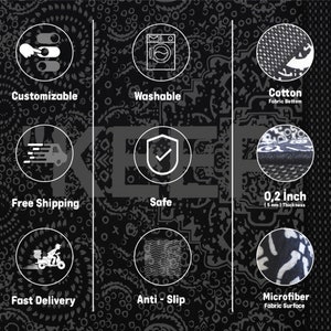 Puede incluir: Un gr&aacute;fico informativo con iconos para personalizable, lavable, base de algod&oacute;n, env&iacute;o gratis, seguro, 5 mm de grosor, entrega r&aacute;pida, antideslizante y superficie de microfibra, sobre un fondo con patr&oacute;n en blanco y negro.