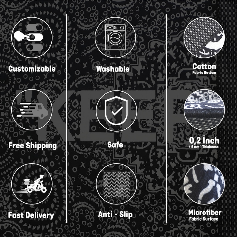 Puede incluir: Un gr&aacute;fico informativo con iconos para personalizable, lavable, base de algod&oacute;n, env&iacute;o gratis, seguro, 5 mm de grosor, entrega r&aacute;pida, antideslizante y superficie de microfibra, sobre un fondo con patr&oacute;n en blanco y negro.