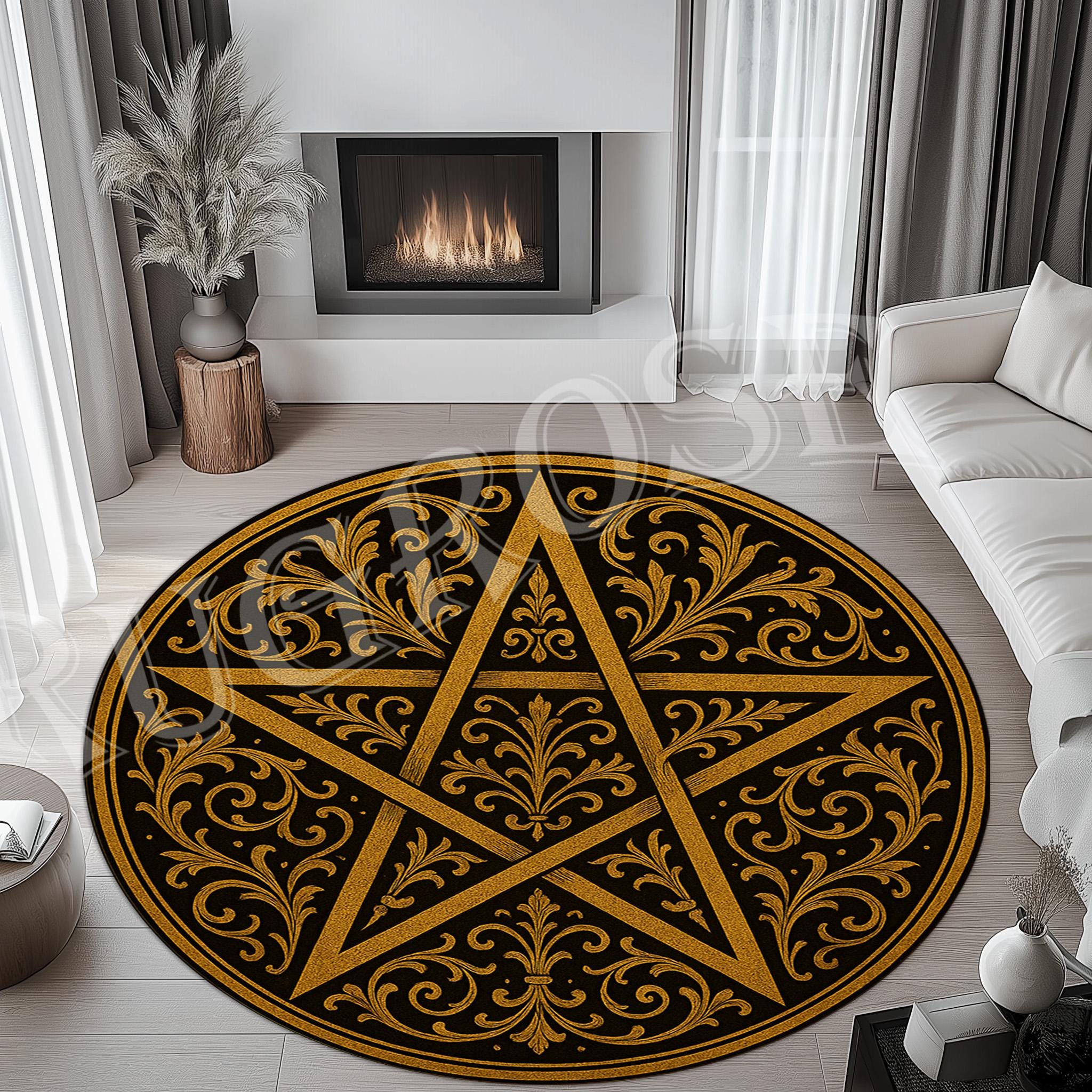 Pentagram Rug Design Gold Pentagram Rug: Gothic Protection Symbol Round Carpet - Etsy