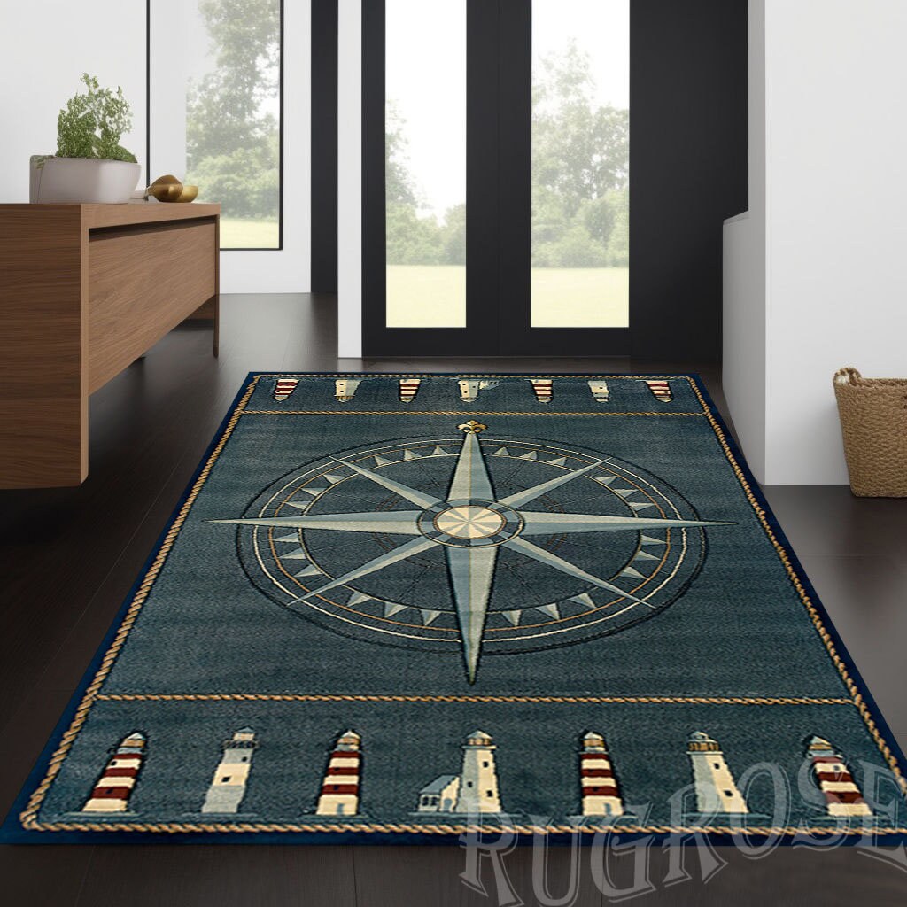 Nautical Compass Area Rug, Lighthouse Border, Coastal Decor - Etsy