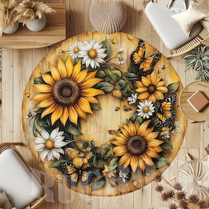 May include: A round, wooden floor mat with a wreath of sunflowers, white daisies, and butterflies. The wreath is surrounded by a brown wooden background.