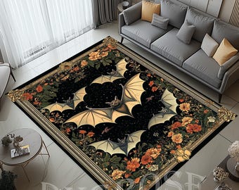 Gothic Flower Bat Area Rug, Mystical Home Decor