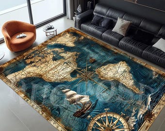 May include: A vintage-style rug featuring a world map with a compass and a ship sailing on a blue ocean. The rug has a distressed, aged look with a brown and blue color scheme.
