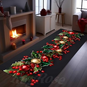 May include: A black and green Christmas-themed runner rug with red berries, gold ornaments, and holly leaves.