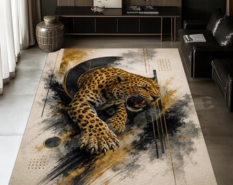 Leopard Abstract Rug: Black Gold Safari Statement Carpet, Mid Century Art Home Decor