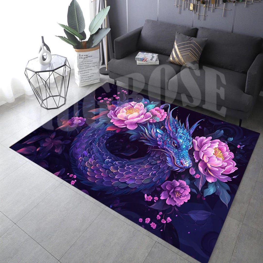 Neon Dragon Rug, Pink Floral Japanese Art Rug - Etsy