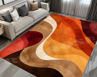 Abstract Waves Rug: Orange Brown Retro Flow Carpet, Mid Century Modern Accent Style
