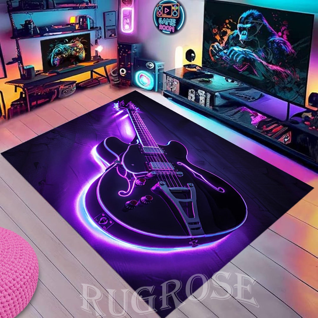Purple Guitar Rug, Neon Guitar Rug, Guitar Themed Rug, Guitar Design ...