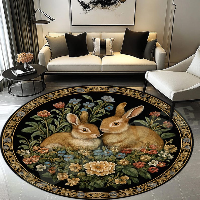 Floral Garden Bunny Round Rug, Black Gold Classic Carpet, Elegant Home ...