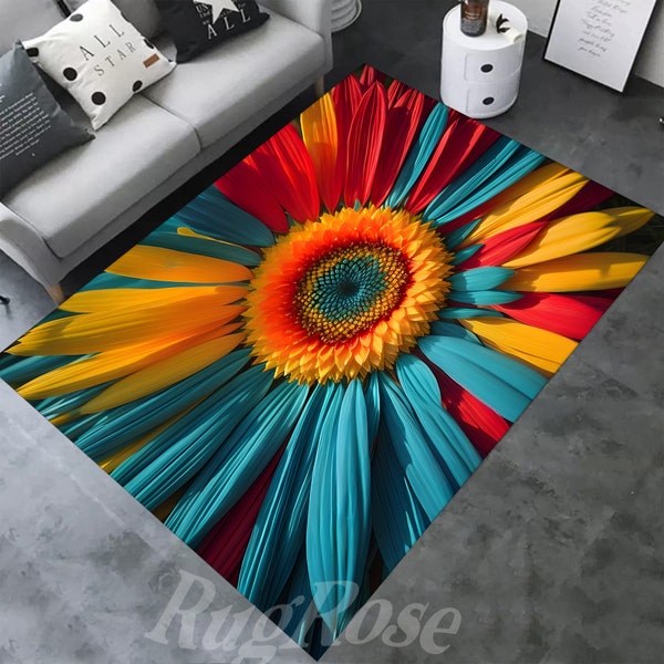 Tournesol, Tapis à motif tournesol, Tapis tournesol coloré, Tapis de décoration intérieure, Tapis moderne, Tapis à fleurs, Tapis coloré, Tapis à fleurs colorées