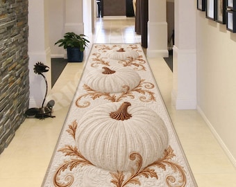 Autumn Pumpkin Runner Rug: Ivory Cream Gourds, Brown Botanical Scrollwork, Elegant Thanksgiving Carpet