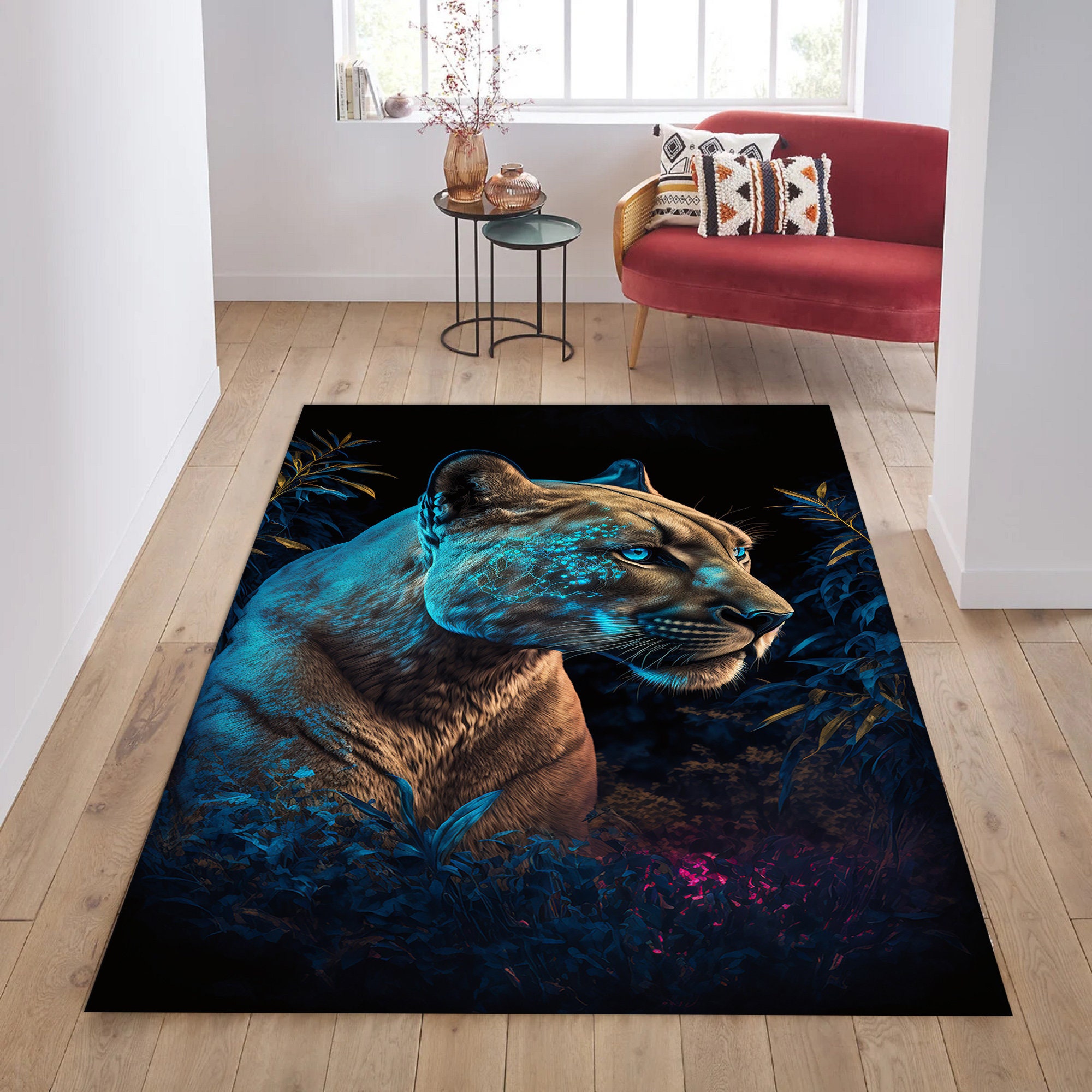 Neon Puma Rug, Modern Animal Art, Dark Jungle Decor - Etsy