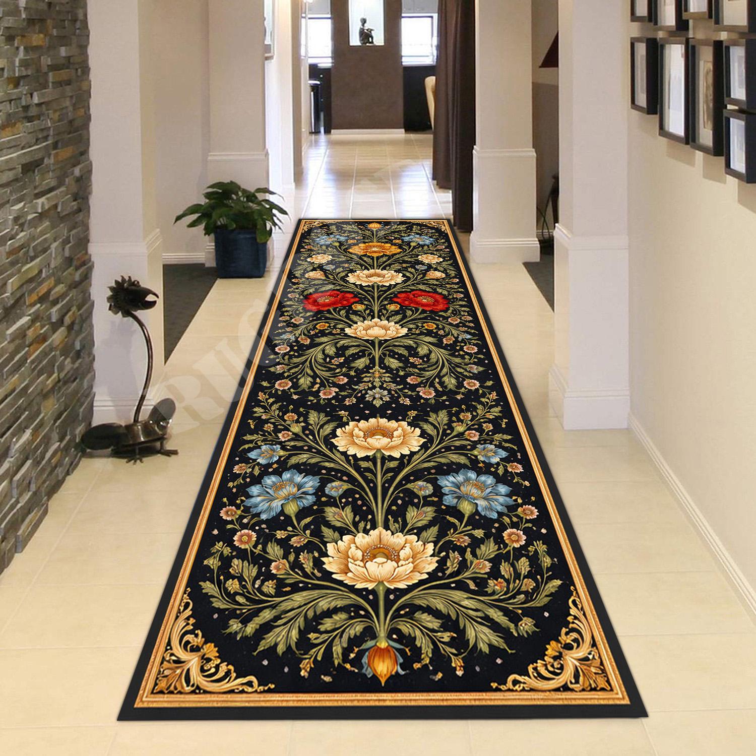 Floral Baroque Runner Rug: Black Gold Garden Carpet, Elegant Classic ...