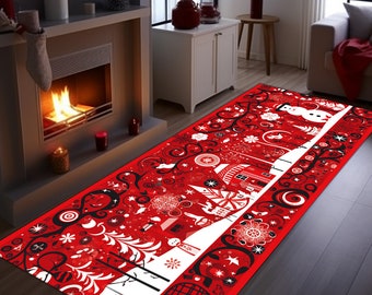 Op de afbeelding: Een rood en wit kerstlopertapijt met een feestelijk ontwerp. Het tapijt heeft een herhalend patroon van sneeuwvlokken, een sneeuwpop, een huis en andere vakantie-elementen. Het tapijt is rechthoekig en lijkt van zacht materiaal te zijn.