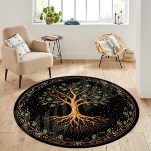 Round Tree of Life Rug, Black Boho Carpet, Microfiber Polyester Home Decor