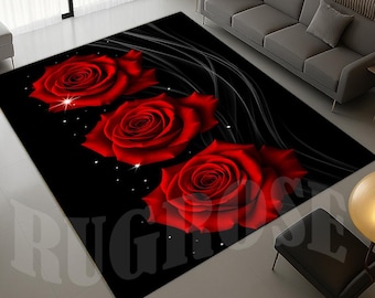 Red Rose Non-Slip Area Rug, Floral Pattern, Cotton Base