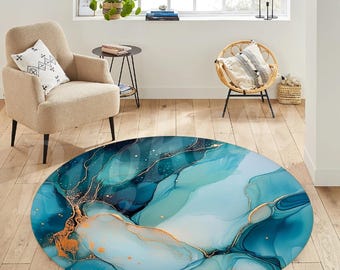 Blue and Gold Marble Round Rug, Modern Abstract Design