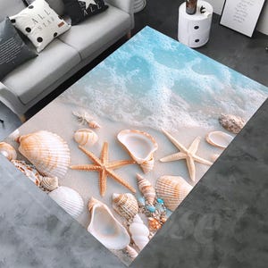 Alfombra de playa, conchas de estrellas de mar, decoración náutica