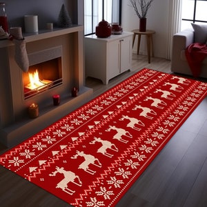Red Christmas Runner Rug, Deer and Snowflake Design