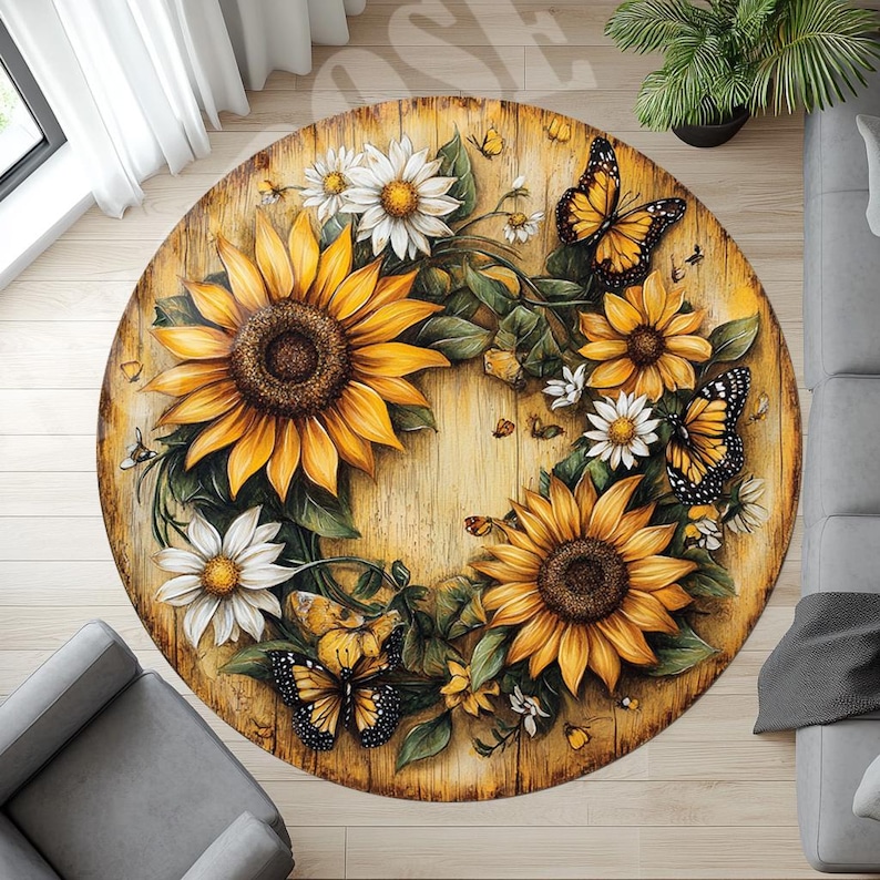Sunflower Round Rug, Daisy Butterfly Pattern, Home Decor - Etsy