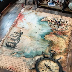 Alte Karten, Kompass, Kompass Themen Teppich, Nautik,Nautik Teppich,Segelteppich,Schiffsmuster Teppich,Teppich