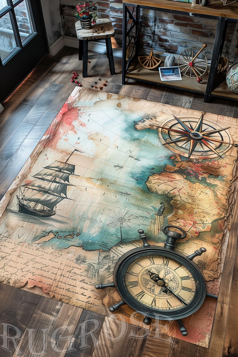 Nautical Chart Area Rug, Compass, Ship Design - Etsy
