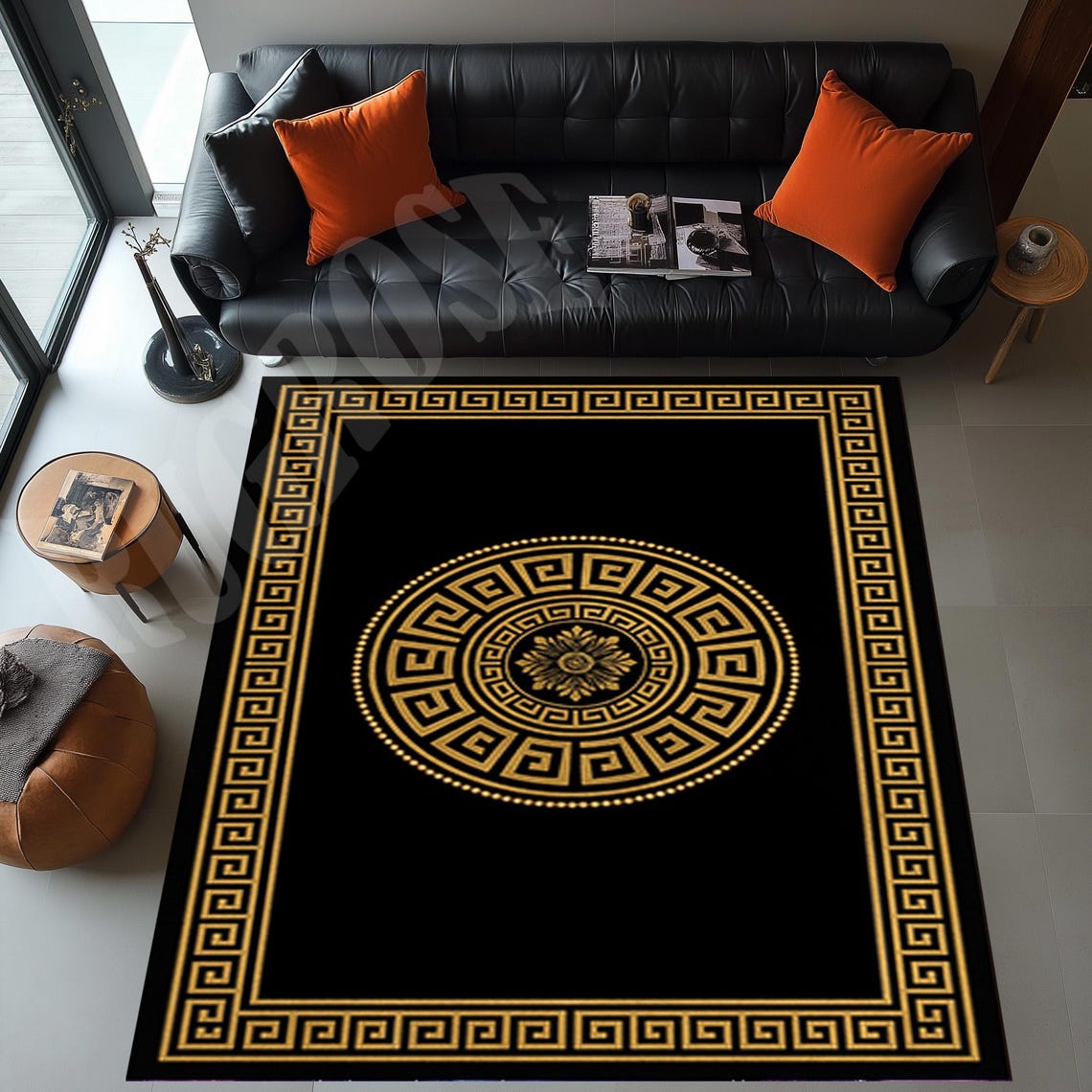 Black and Gold Greek Key Rug, Modern Living Room Decor - Etsy