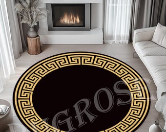 Gold Greek Key Round Rug, Modern Black Living Room Decor - Etsy