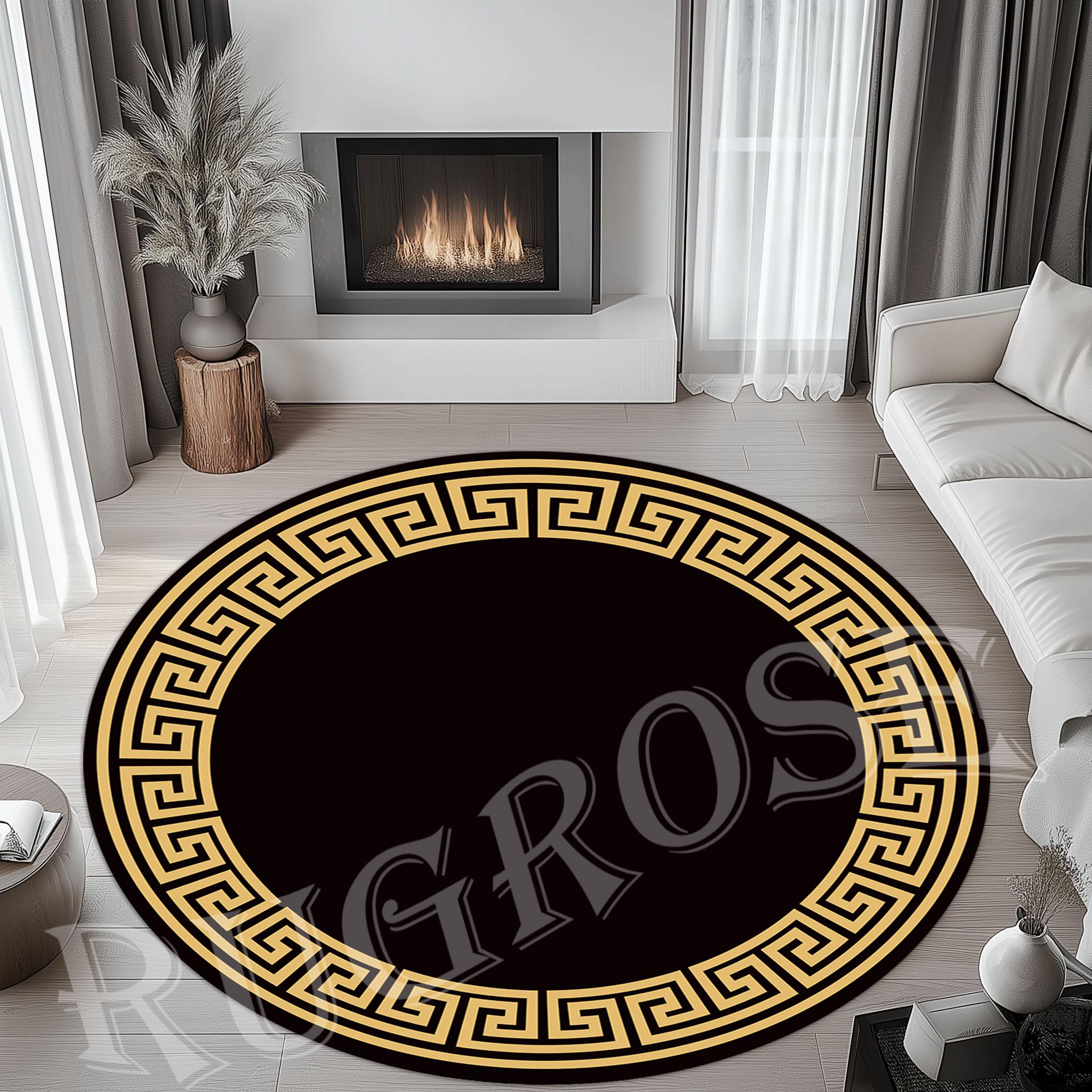 Gold Greek Key Round Rug, Modern Black Living Room Decor - Etsy