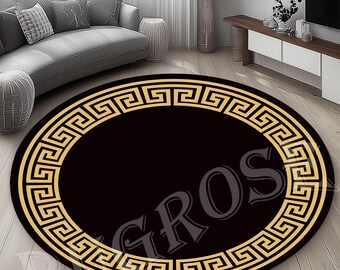 Gold Greek Key Round Rug, Modern Black Living Room Decor - Etsy