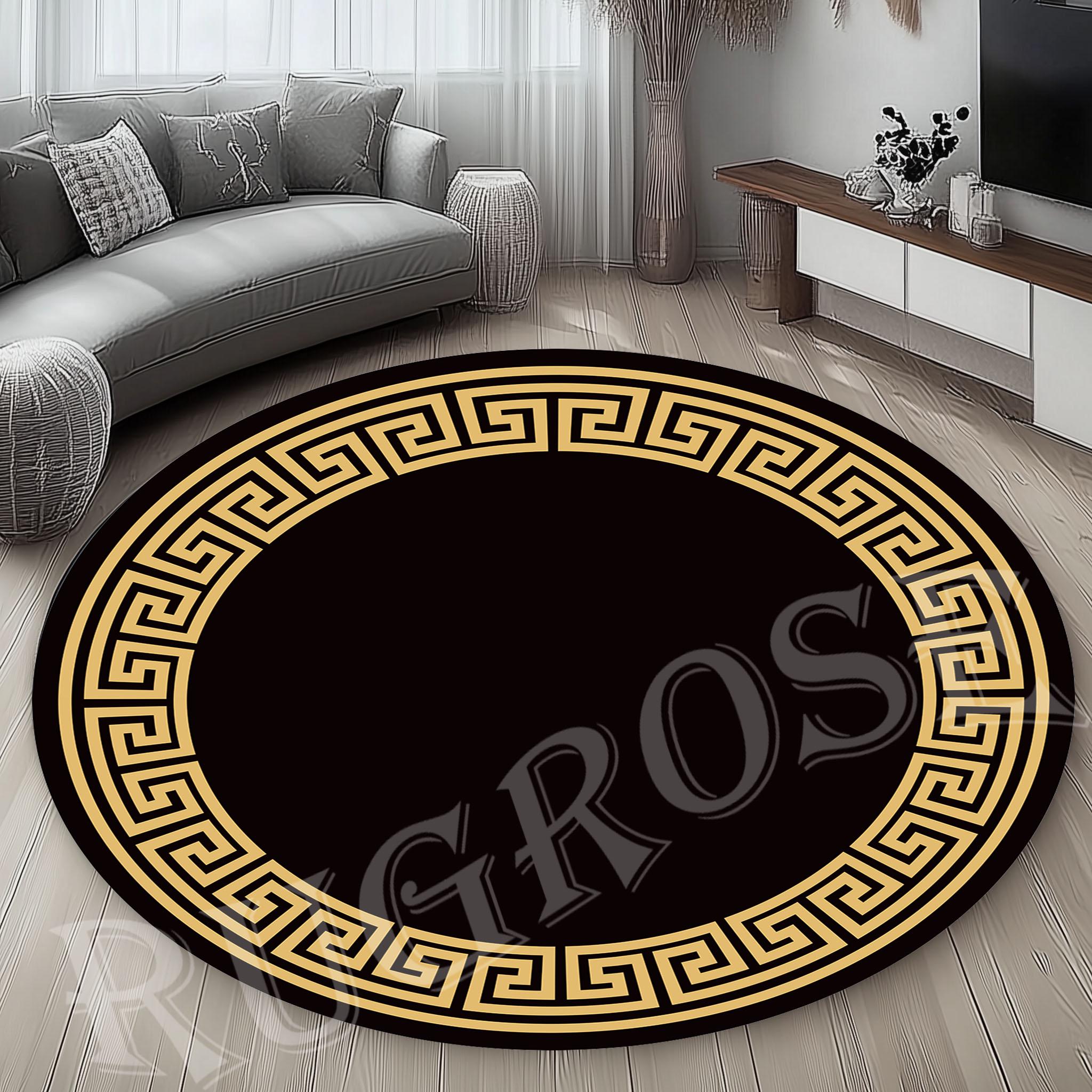 Gold Greek Key Round Rug, Modern Black Living Room Decor - Etsy