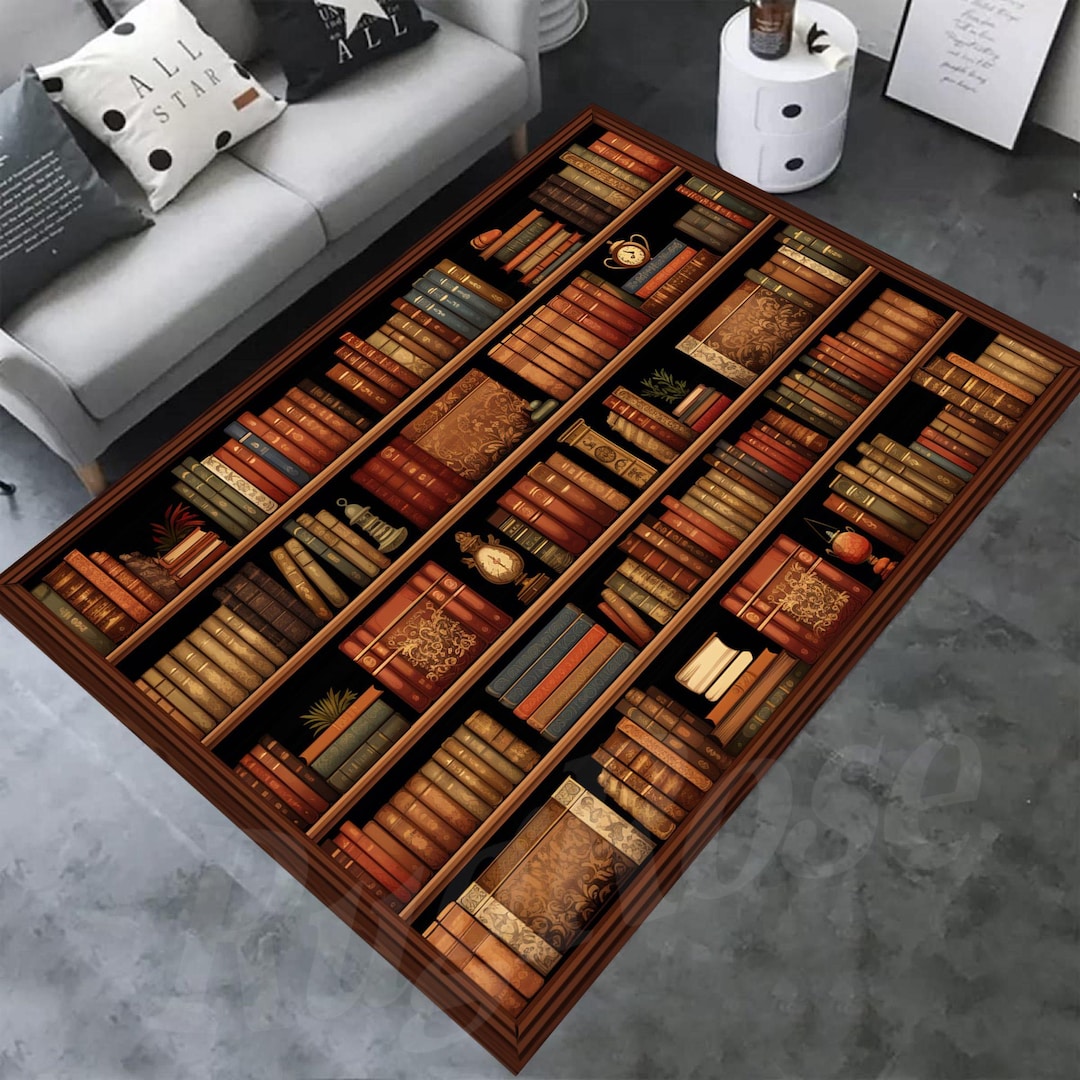 Ny Library Rugs Bookshelf Pattern Area Rug, Library Decor, 3D Print - Etsy