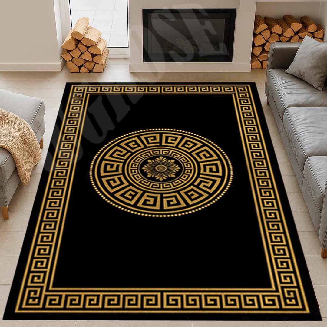 Black and Gold Greek Key Rug, Modern Living Room Decor - Etsy
