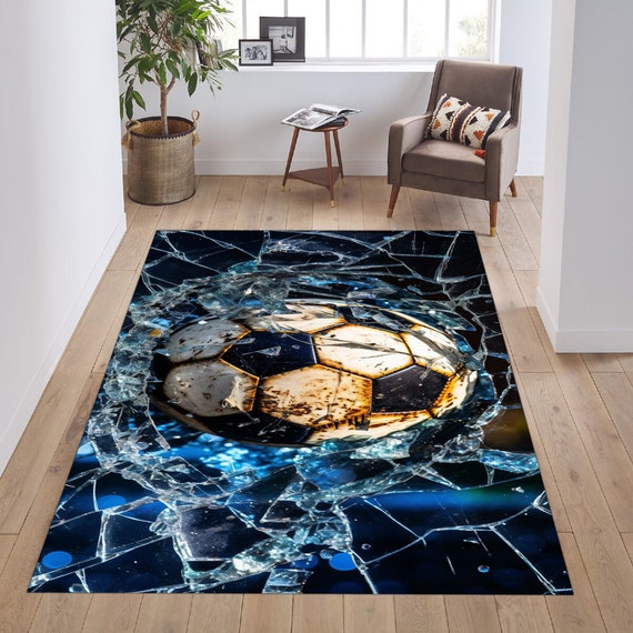 Breaking Glass Soccer Rug, Sports Game Room Decor