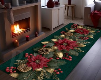 Op de afbeelding: Een groene loper met een kerstbloemenontwerp. De loper heeft grote rode poinsettia's, gouden bladeren, dennenappels en rode bessen. De loper is ongeveer 152 cm lang.