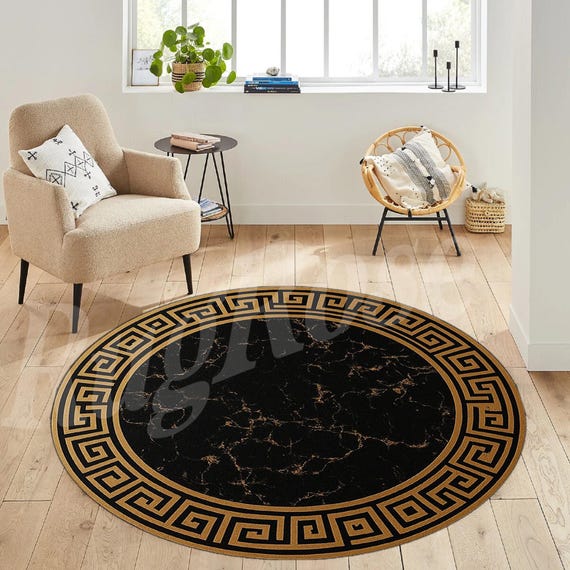 Gold Greek Key Round Rug, Black Marble Effect Rug - Etsy