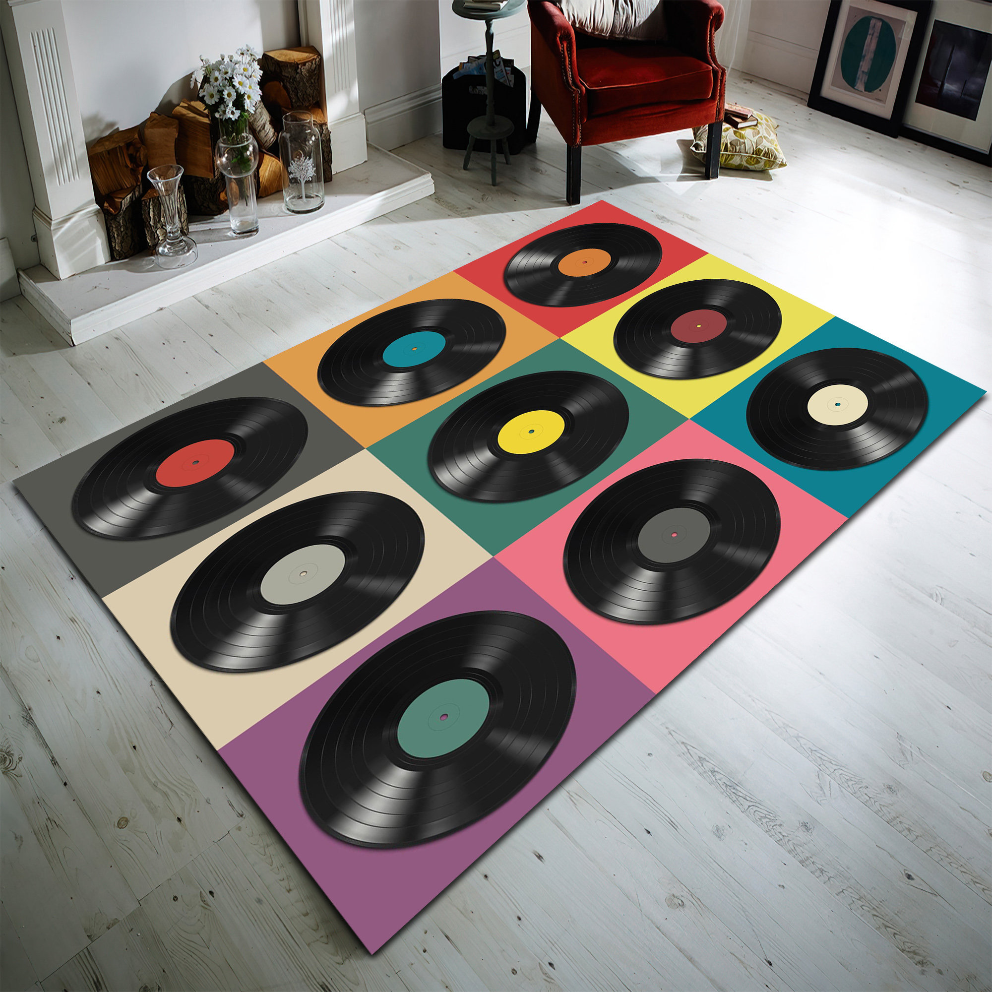 Record Rug, Music Rug, Disc Collage Rug, Music Cotton Area