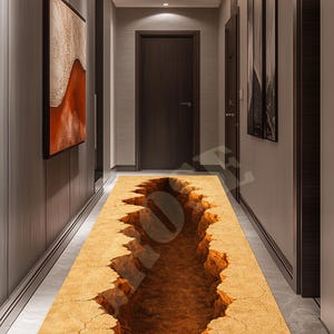 Puede incluir: Una alfombra de pasillo con un gráfico 3D de un profundo abismo. La alfombra presenta una superficie beige con un diseño de cañón agrietado marrón. La alfombra es rectangular y se coloca en un pasillo con puertas y paredes de madera oscura y obras de arte.